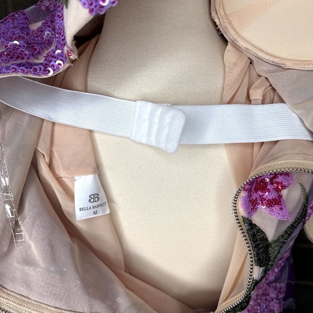 Bella Barnett Floral Sequin Strapless Maxi Dress Purple Embroidered Mesh M - Picture 13 of 13